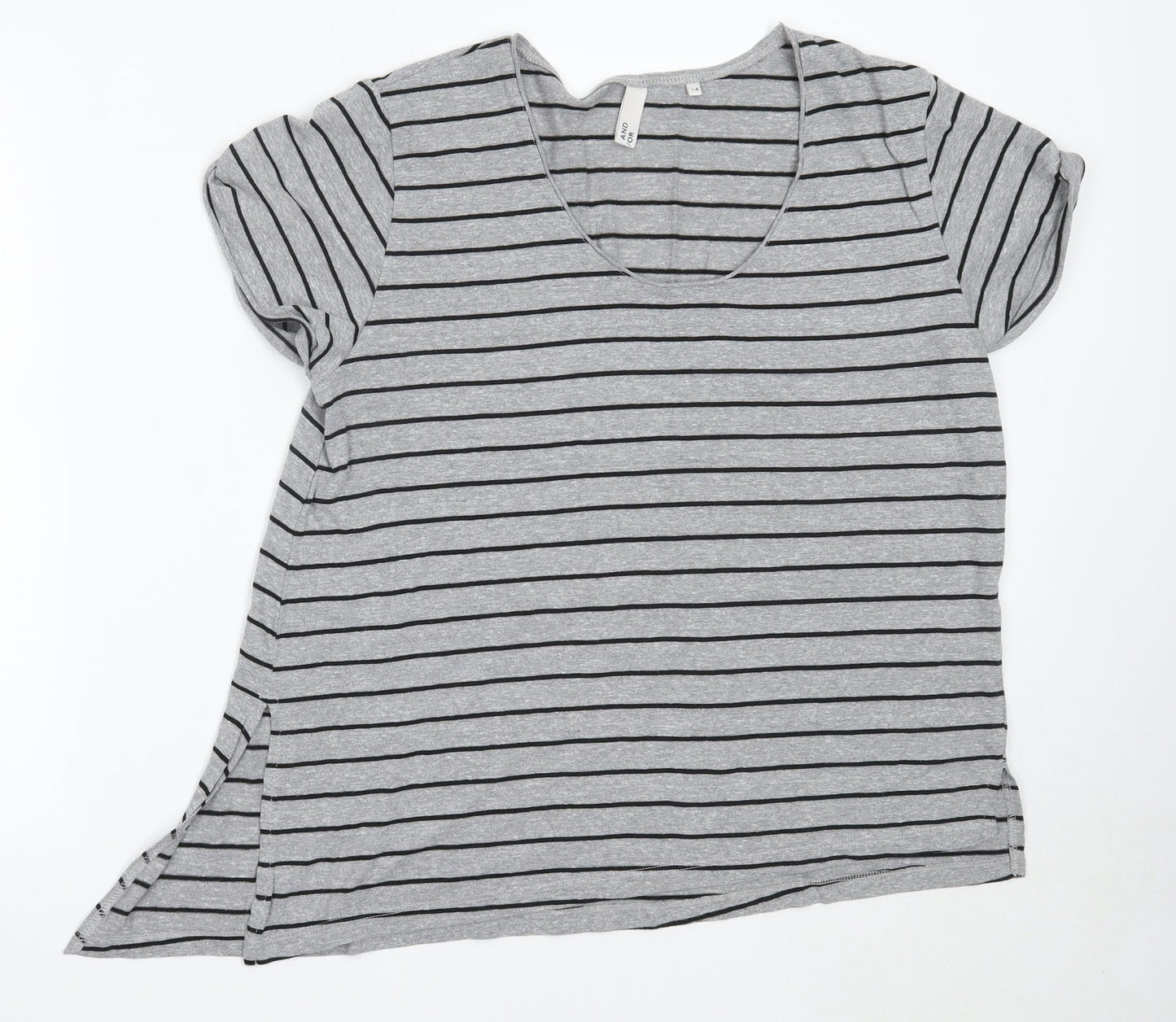 And / Or Womens Grey Striped Polyester Basic T-Shirt Size 14 Round Neck