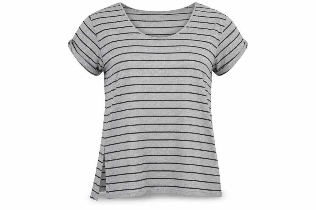 Front view of And / Or women’s grey striped polyester basic t-shirt, size UK 14, round neck