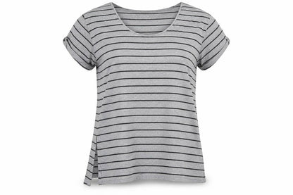 Front view of And / Or women’s grey striped polyester basic t-shirt, size UK 14, round neck