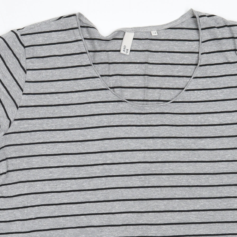 And / Or Womens Grey Striped Polyester Basic T-Shirt Size 14 Round Neck