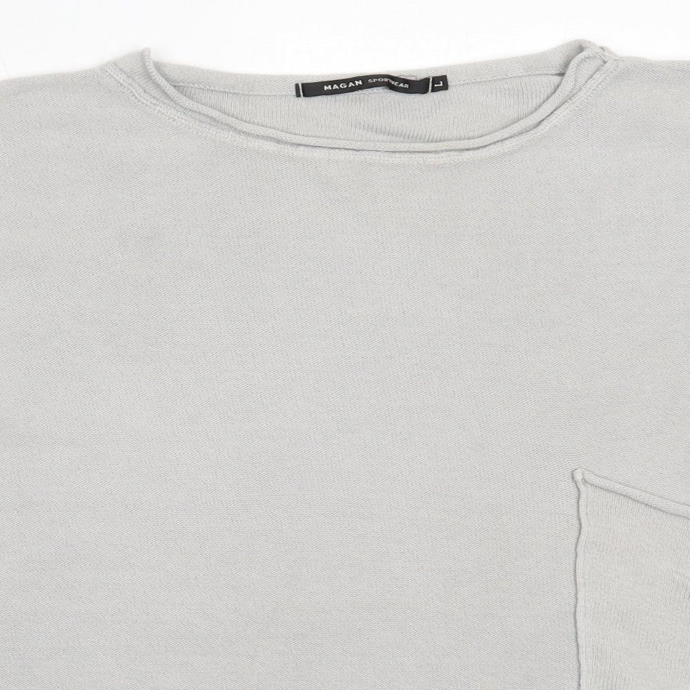 Close-up detail of Magan women’s grey round neck cotton jumper, size L