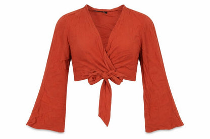 Front view of Missguided women’s orange viscose cropped blouse, size UK 4, v-neck