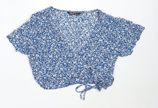 SheIn Womens Blue Floral Viscose Cropped Blouse Size XS V-Neck