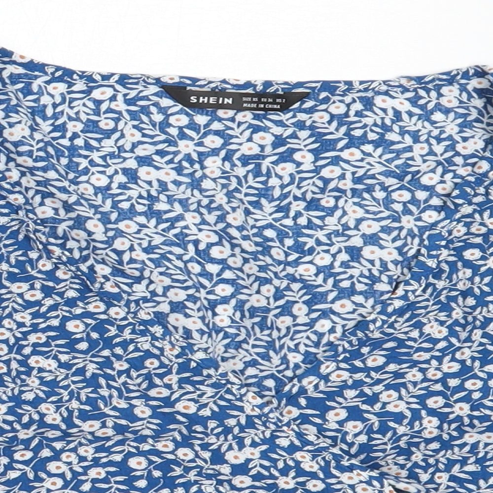 SheIn Womens Blue Floral Viscose Cropped Blouse Size XS V-Neck