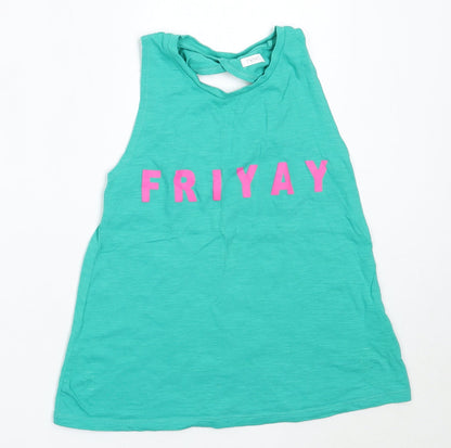 Additional front view of Next girls’ green cotton basic tank, size 11, years round neck