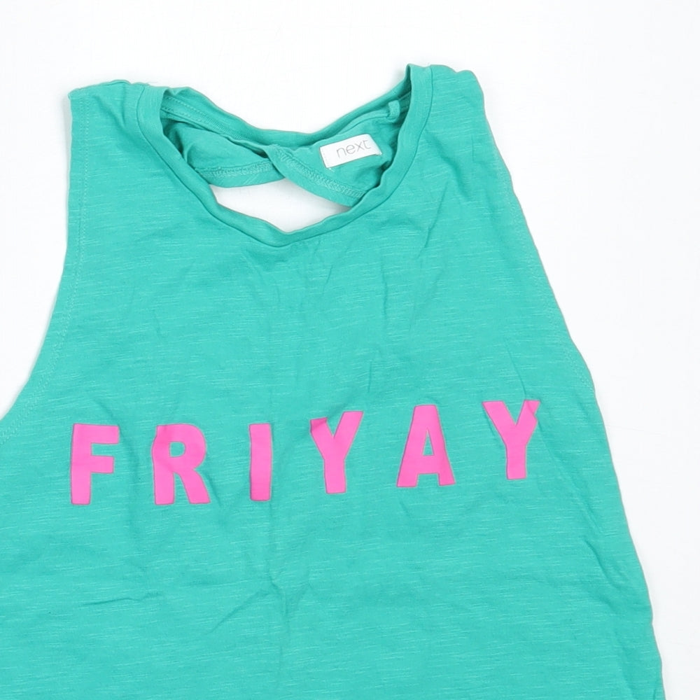 Close-up detail of Next girls’ green cotton basic tank, size 11, years round neck