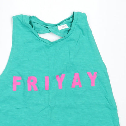 Close-up detail of Next girls’ green cotton basic tank, size 11, years round neck