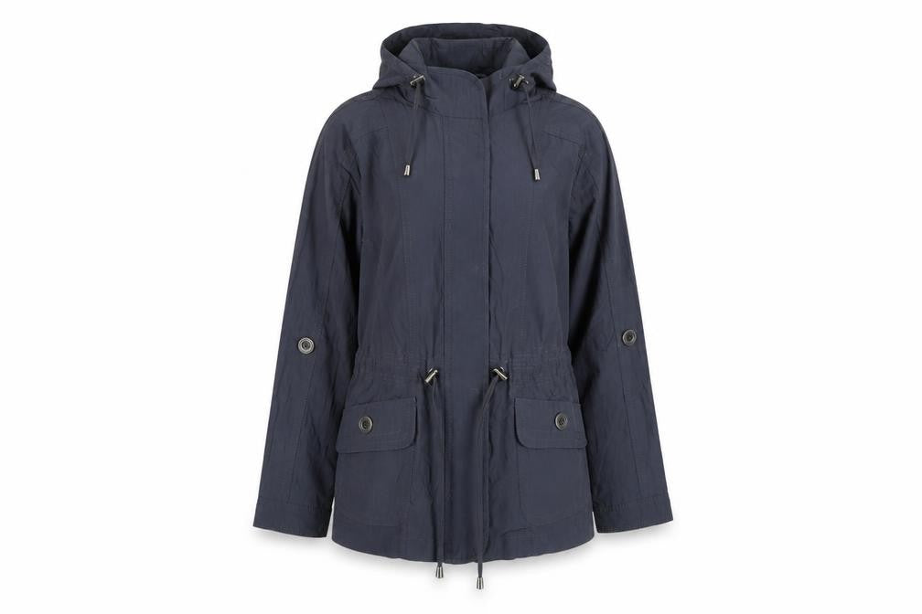 Front view of Debenhams women’s grey parka coat, size UK 12