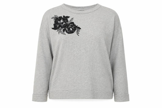 Front view of Marks & Spencer women’s grey round neck cotton jumper, size UK 16