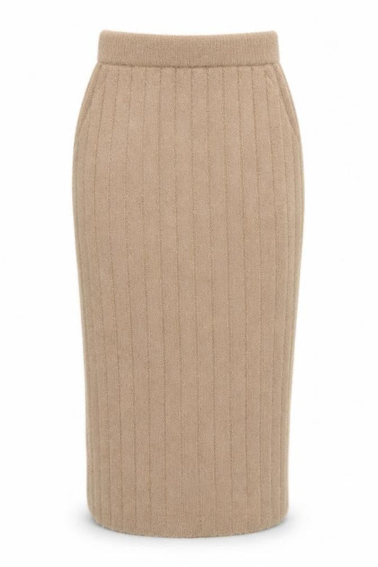Front view of QED London women’s brown acrylic straight & pencil skirt, size M