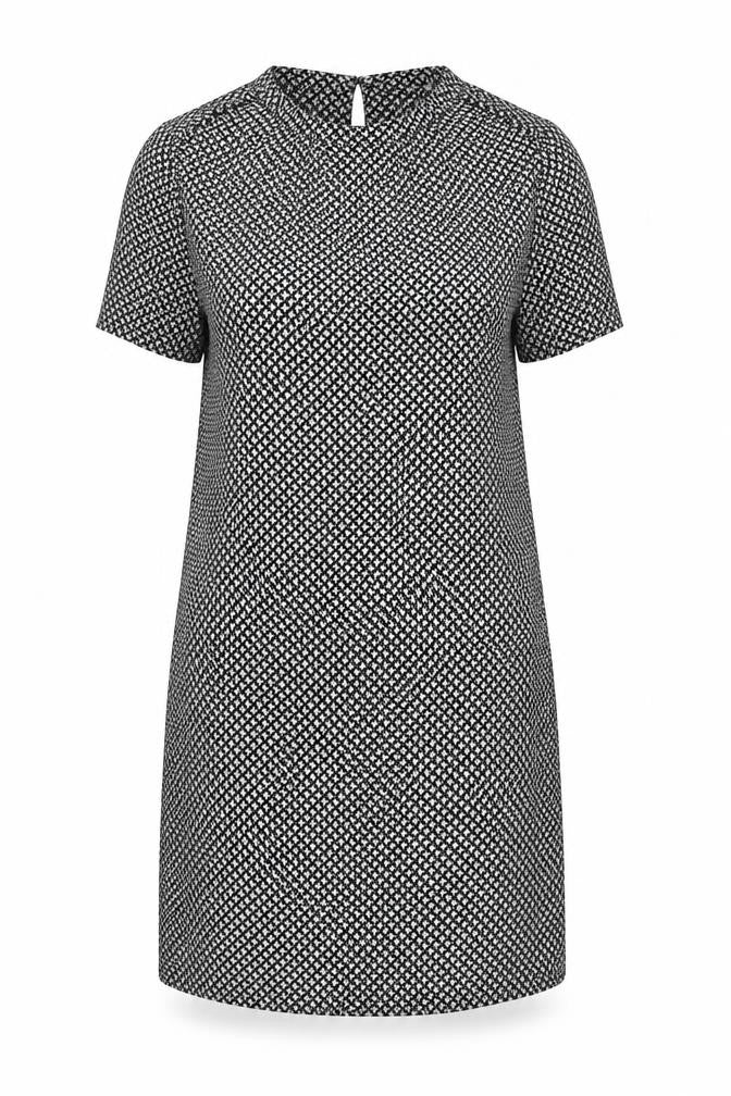 Front view of H&M women’s black geometric viscose a-line, size UK 12, round neck button - butterfly print