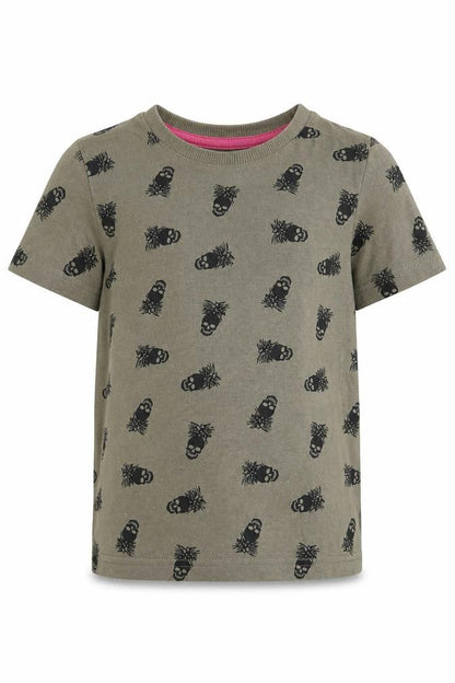 Front view of Matalan boys’ green geometric cotton basic t-shirt, size 4, years crew neck - skull print