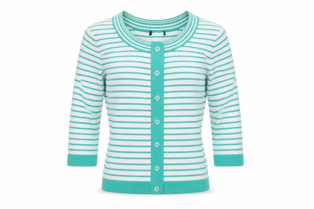 Front view of Sky women’s green crew neck striped viscose cardigan jumper, size UK 10