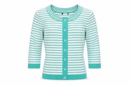 Front view of Sky women’s green crew neck striped viscose cardigan jumper, size UK 10