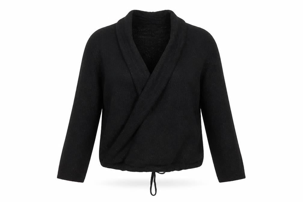 Front view of Marks & Spencer women’s black v-neck viscose cardigan jumper, size UK 10