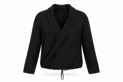 Front view of Marks & Spencer women’s black v-neck viscose cardigan jumper, size UK 10