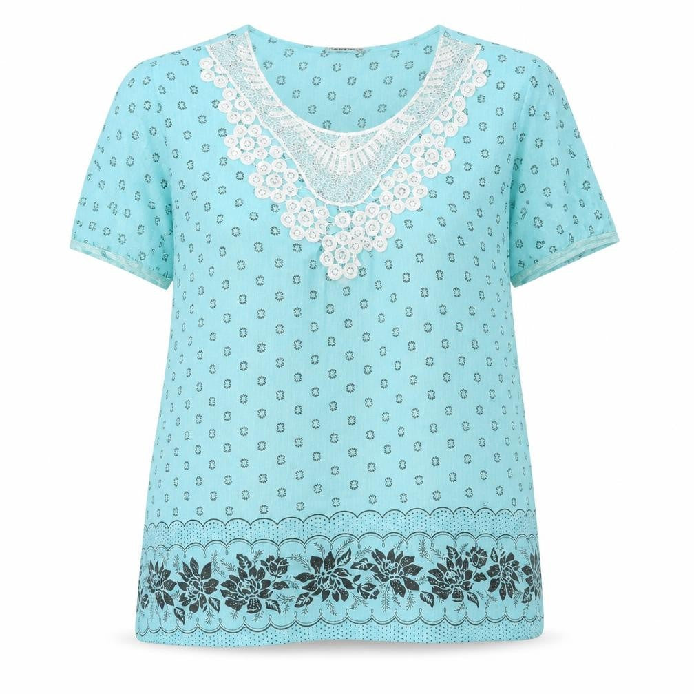 Front view of Yue Sheng women’s blue geometric cotton basic t-shirt, size 2XL, round neck