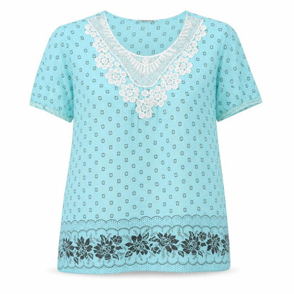 Front view of Yue Sheng women’s blue geometric cotton basic t-shirt, size 2XL, round neck