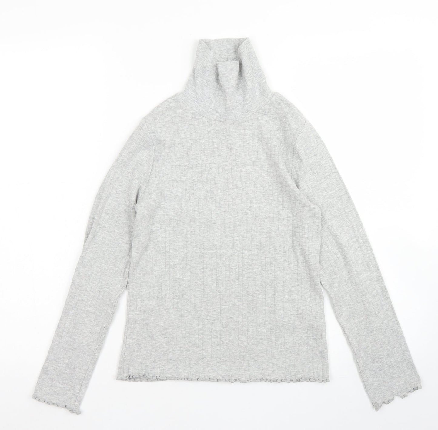 M&S Girls Grey  Cotton Pullover T-Shirt Size 10-11 Years High Neck  - Lettuce edging