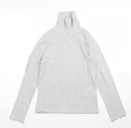 M&S Girls Grey  Cotton Pullover T-Shirt Size 10-11 Years High Neck  - Lettuce edging