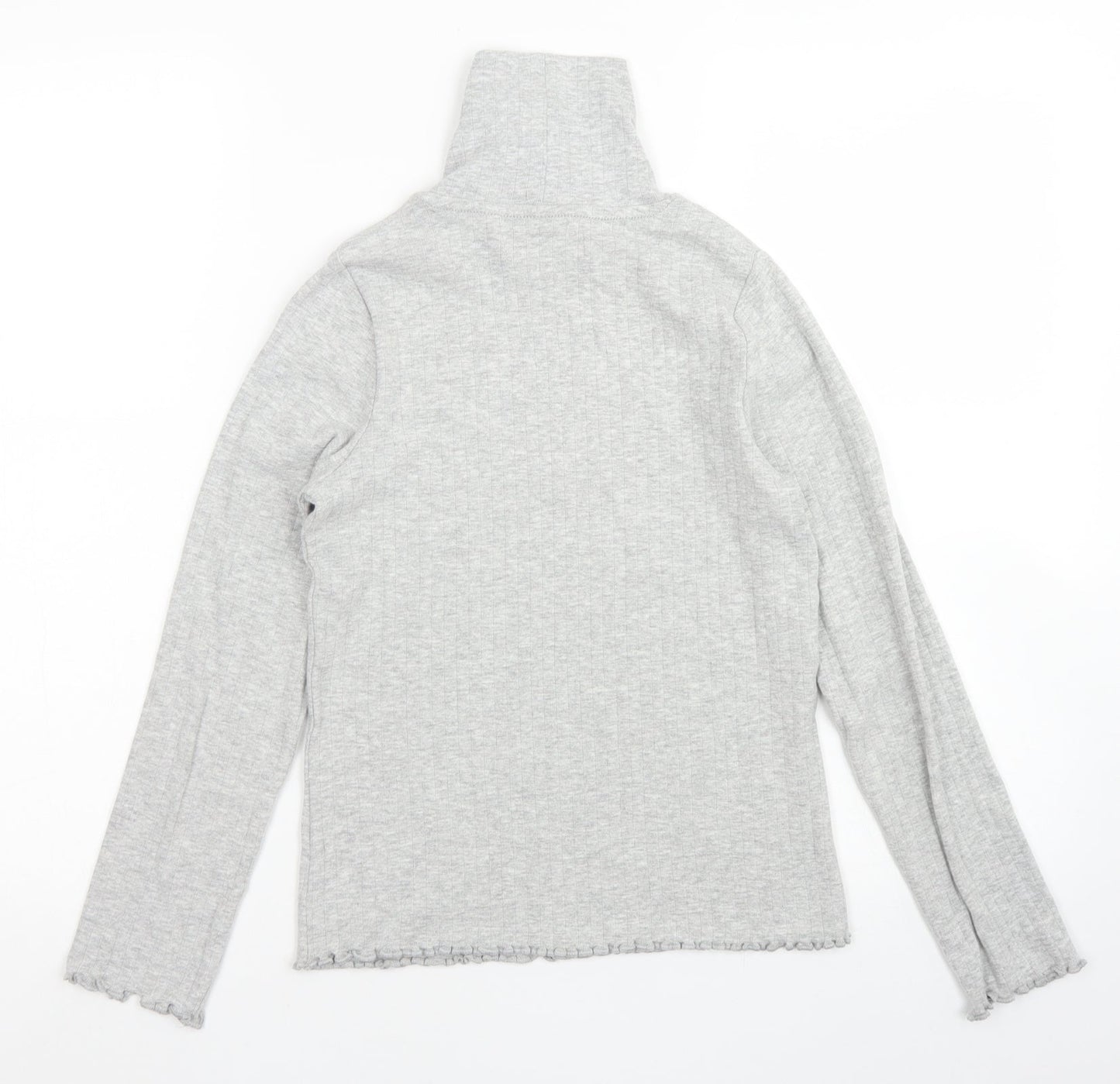 M&S Girls Grey  Cotton Pullover T-Shirt Size 10-11 Years High Neck  - Lettuce edging
