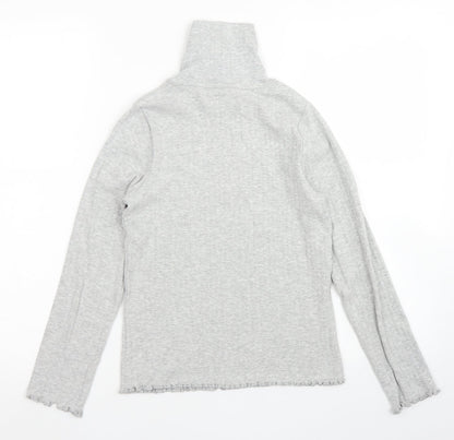 M&S Girls Grey  Cotton Pullover T-Shirt Size 10-11 Years High Neck  - Lettuce edging