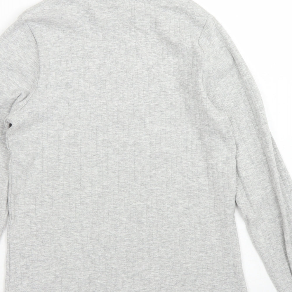 M&S Girls Grey  Cotton Pullover T-Shirt Size 10-11 Years High Neck  - Lettuce edging