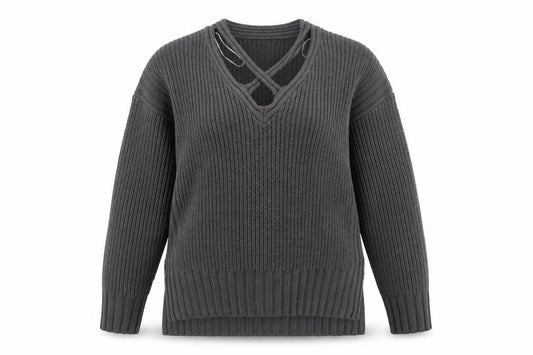 Front view of Papaya women’s grey v-neck acrylic jumper, size M