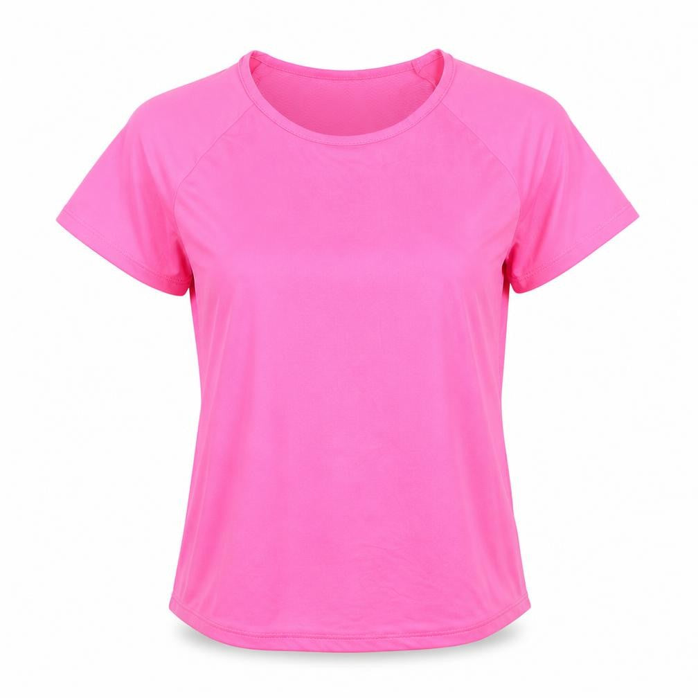 Front view of Studio women’s pink polyester basic t-shirt, size UK 8, crew neck