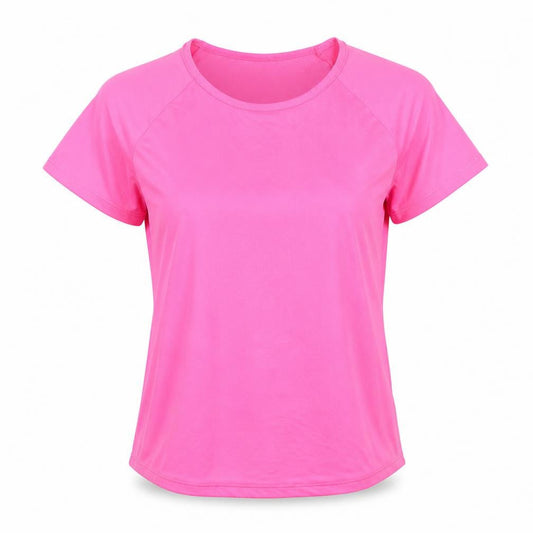 Front view of Studio women’s pink polyester basic t-shirt, size UK 8, crew neck