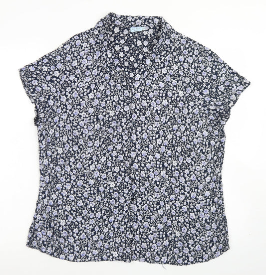 Anne Brooks Womens Blue Floral Viscose Basic Button-Up Size 18 Collared