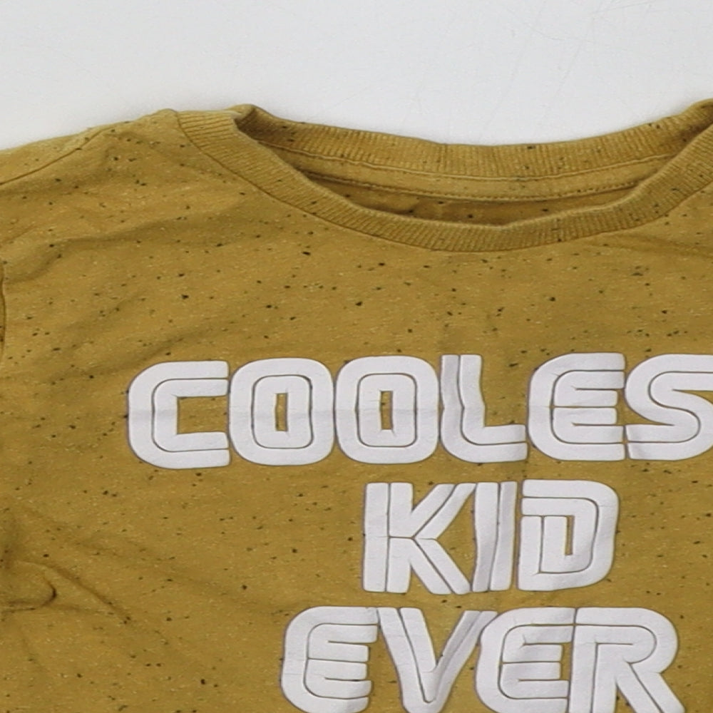 Close-up detail of Matalan boys’ yellow cotton basic casual, size 2-3, years crew neck pullover - coolest kid ever