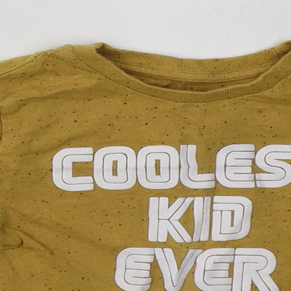 Close-up detail of Matalan boys’ yellow cotton basic casual, size 2-3, years crew neck pullover - coolest kid ever