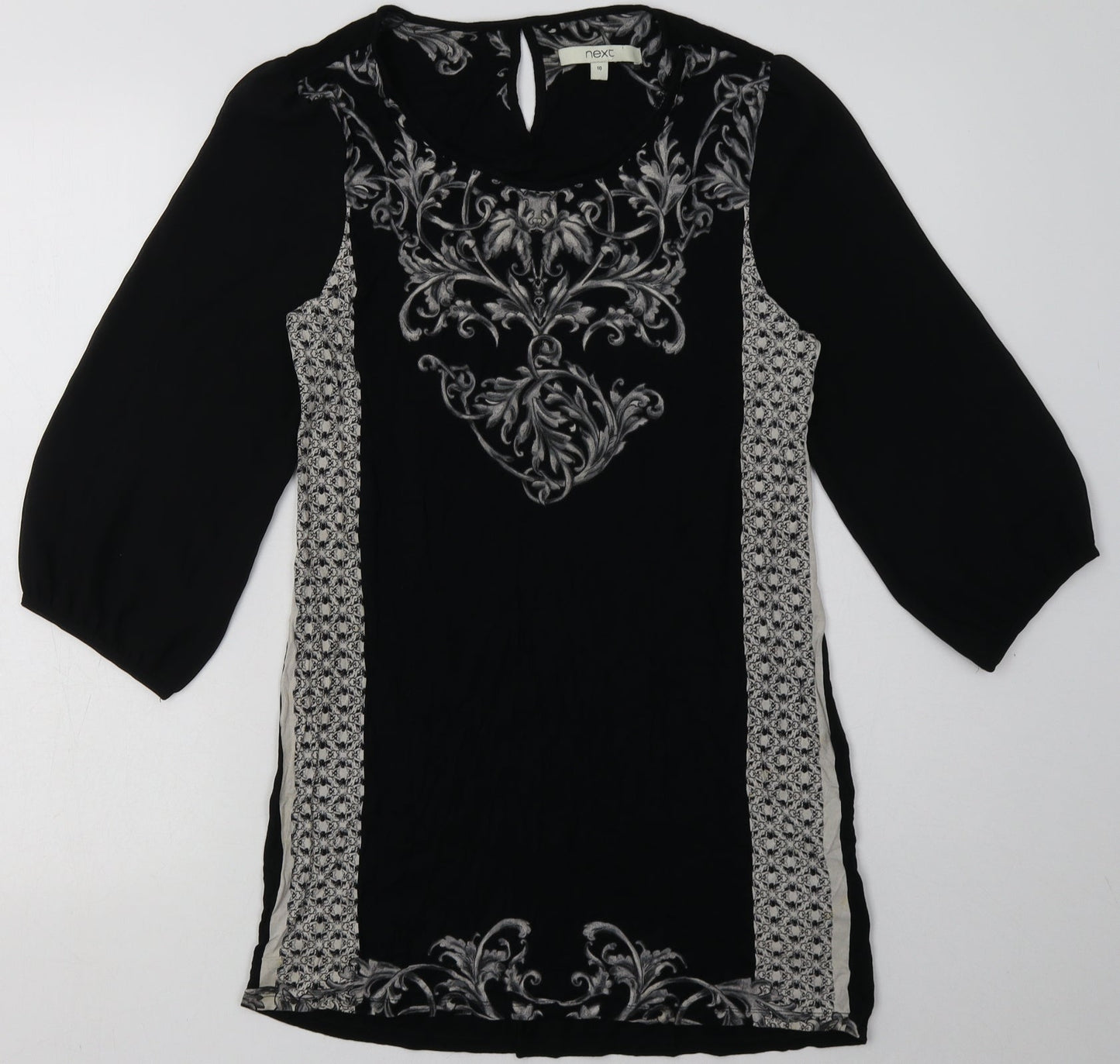 NEXT Womens Black Geometric Viscose A-Line  Size 10  Crew Neck Pullover - mesh sleeves