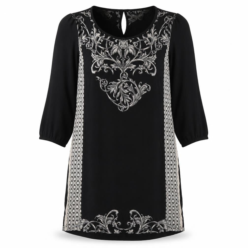NEXT Womens Black Geometric Viscose A-Line  Size 10  Crew Neck Pullover - mesh sleeves