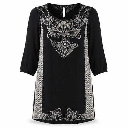 NEXT Womens Black Geometric Viscose A-Line  Size 10  Crew Neck Pullover - mesh sleeves