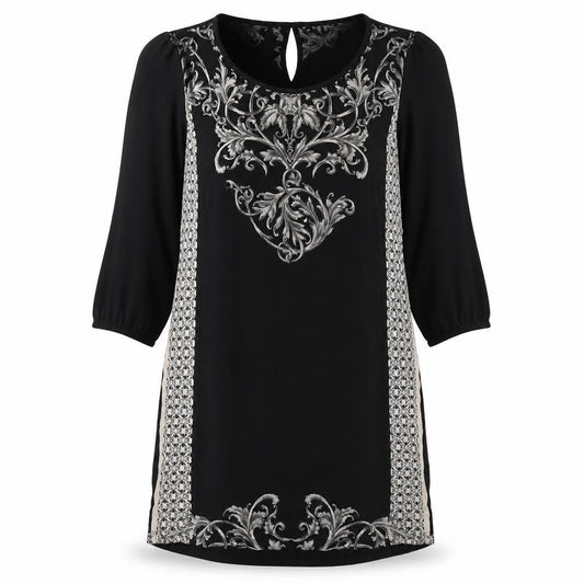 NEXT Womens Black Geometric Viscose A-Line  Size 10  Crew Neck Pullover - mesh sleeves