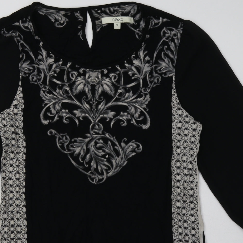 NEXT Womens Black Geometric Viscose A-Line  Size 10  Crew Neck Pullover - mesh sleeves