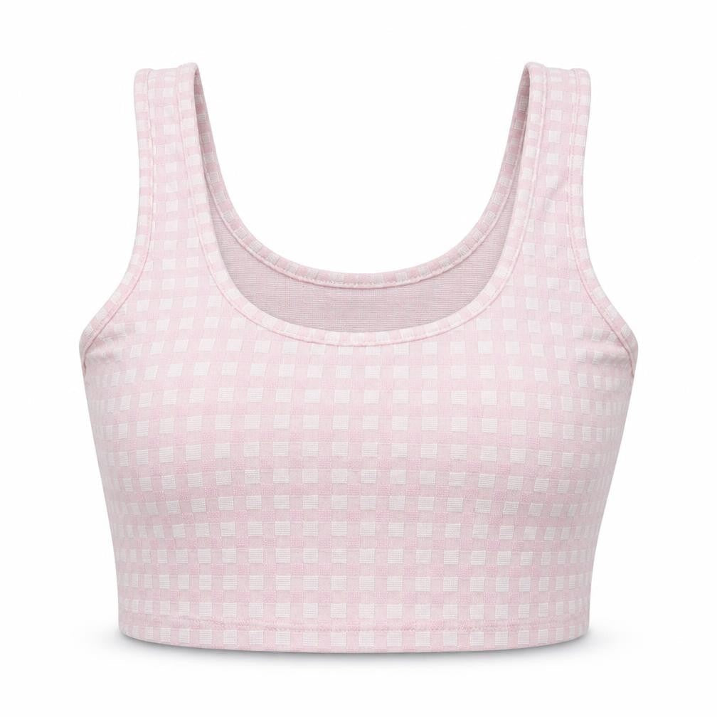 Front view of Primark women’s pink check polyester cropped tank, size XS, scoop neck