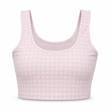 Front view of Primark women’s pink check polyester cropped tank, size XS, scoop neck