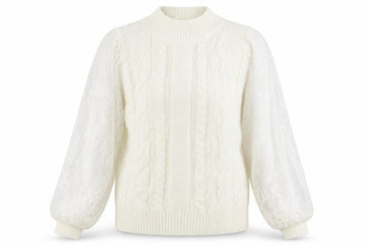 Front view of women’s white argyle/diamond acrylic pullover sweatshirt, size XL, pullover - mesh floral sleeves