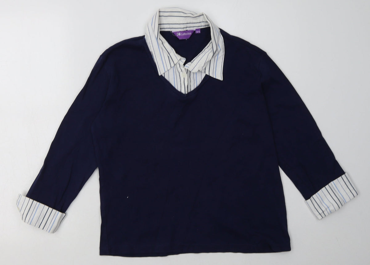 Additional front view of c collection women’s blue striped cotton pullover sweatshirt, size UK 14, pullover