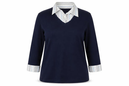 Front view of c collection women’s blue striped cotton pullover sweatshirt, size UK 14, pullover