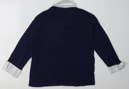 Back view of c collection women’s blue striped cotton pullover sweatshirt, size UK 14, pullover