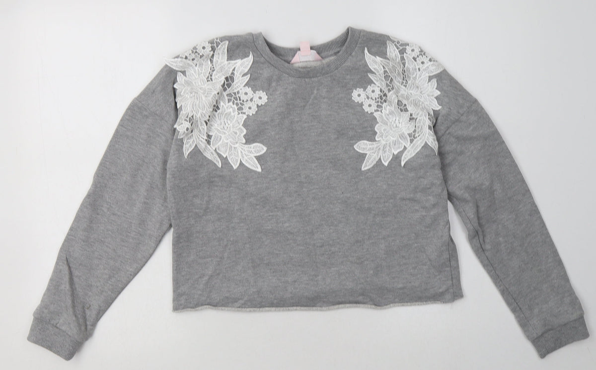 Additional front view of Miss Selfridge women’s grey floral polyester pullover sweatshirt, size UK 10, pullover