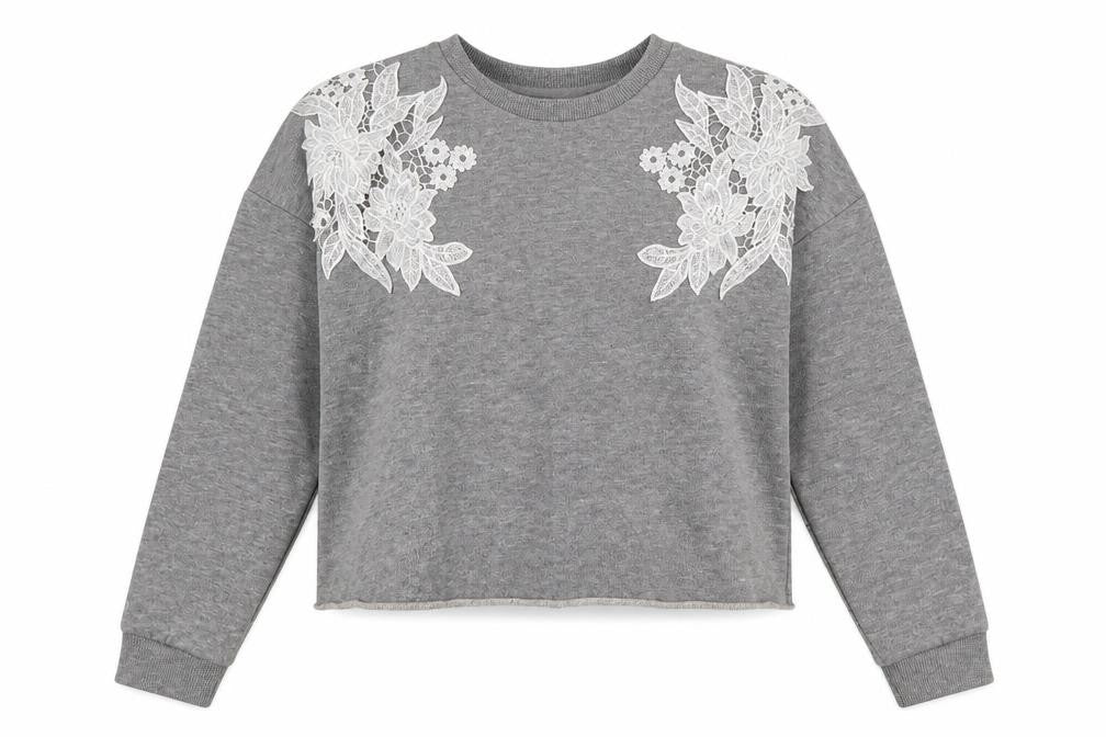 Front view of Miss Selfridge women’s grey floral polyester pullover sweatshirt, size UK 10, pullover