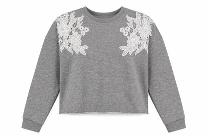 Front view of Miss Selfridge women’s grey floral polyester pullover sweatshirt, size UK 10, pullover