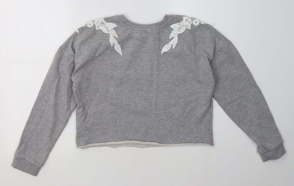 Back view of Miss Selfridge women’s grey floral polyester pullover sweatshirt, size UK 10, pullover
