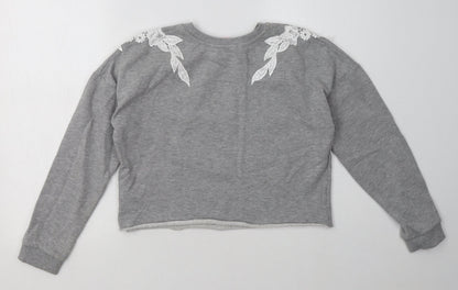 Back view of Miss Selfridge women’s grey floral polyester pullover sweatshirt, size UK 10, pullover