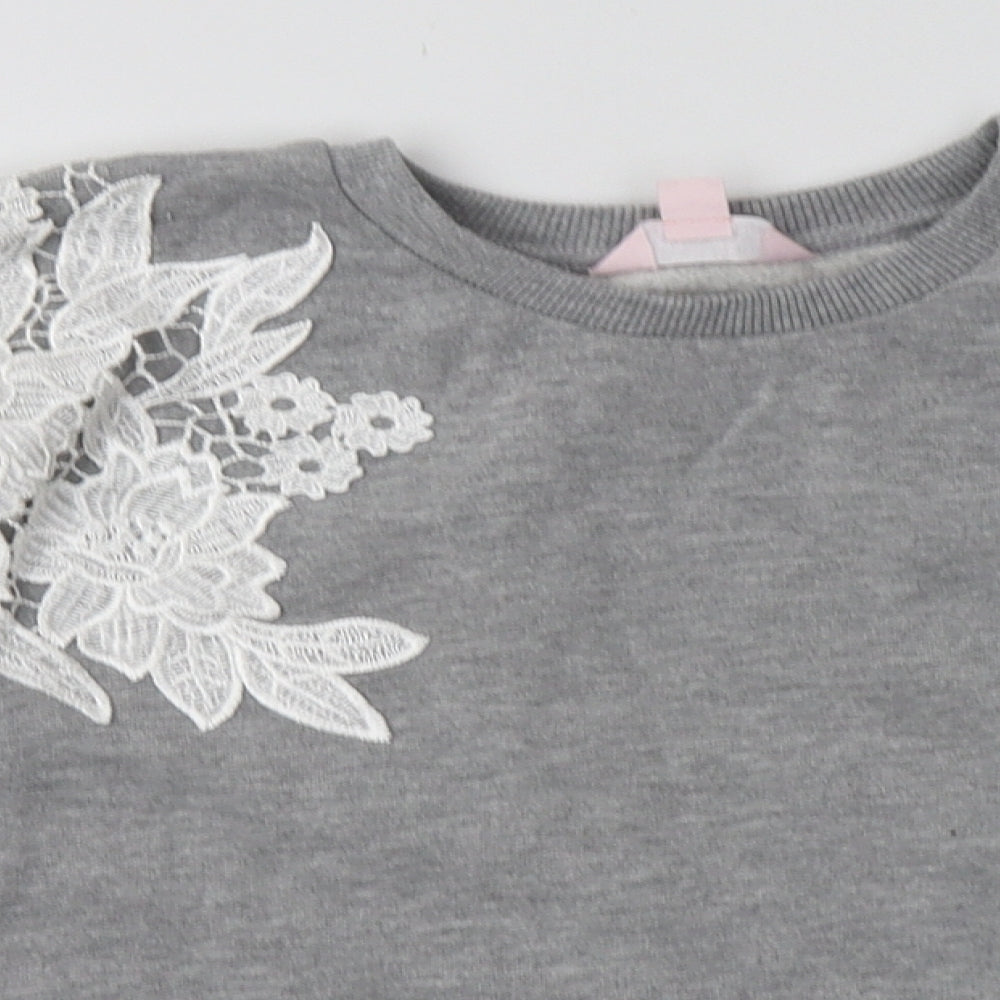 Close-up detail of Miss Selfridge women’s grey floral polyester pullover sweatshirt, size UK 10, pullover